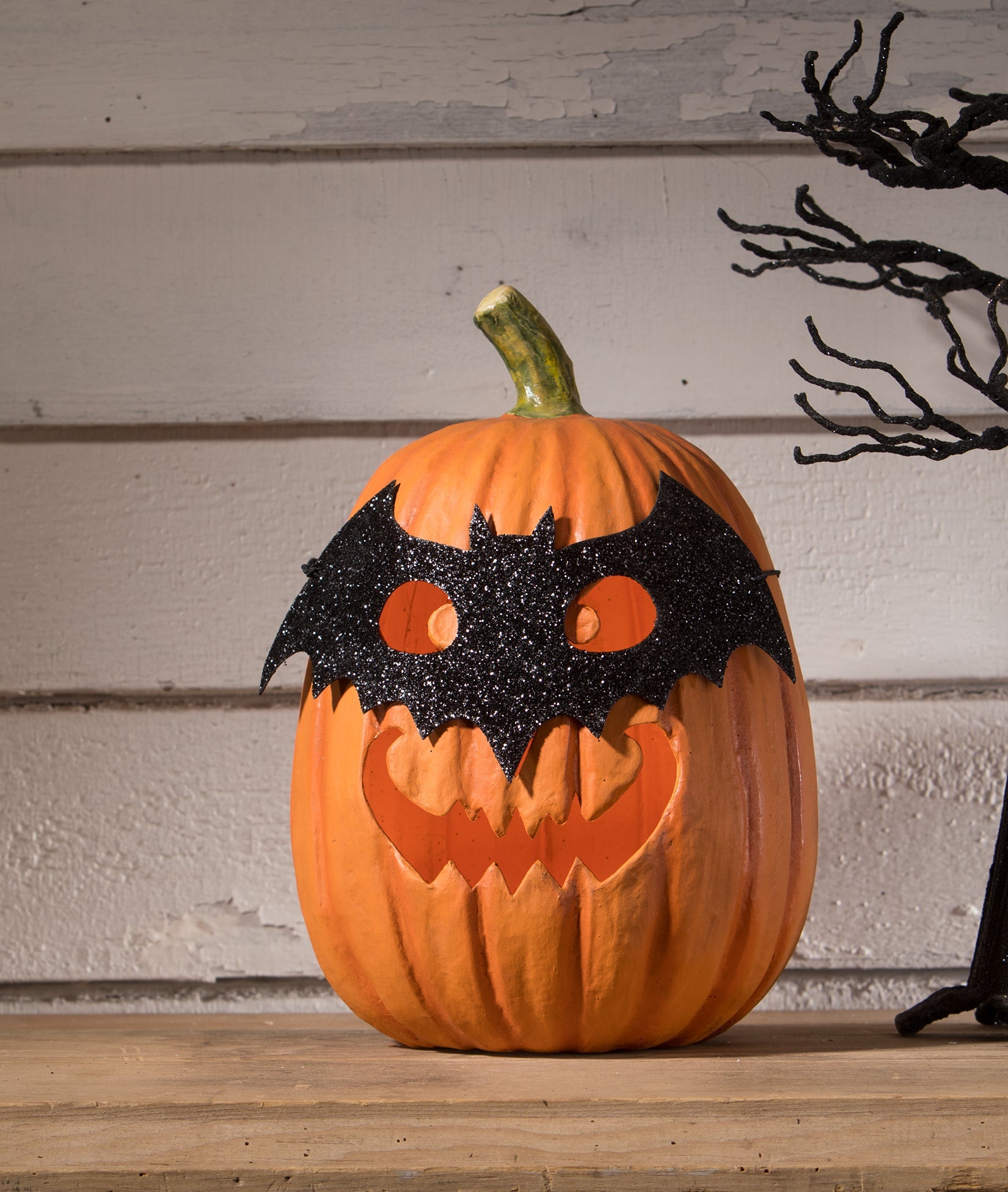 "Bat Masquerade Pumpkin, Paper Mache"