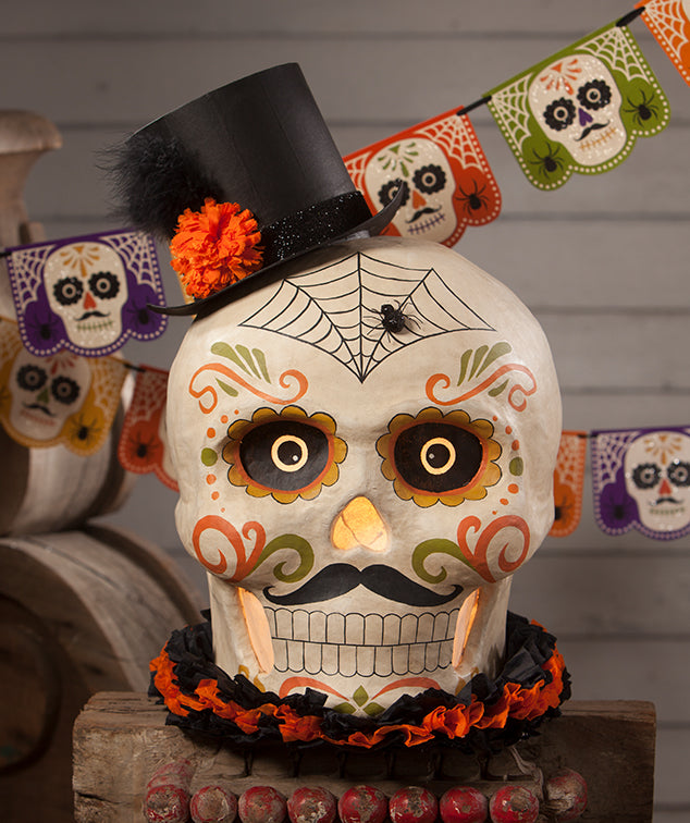 "Large Day of The Dead Skull, Paper Mache"