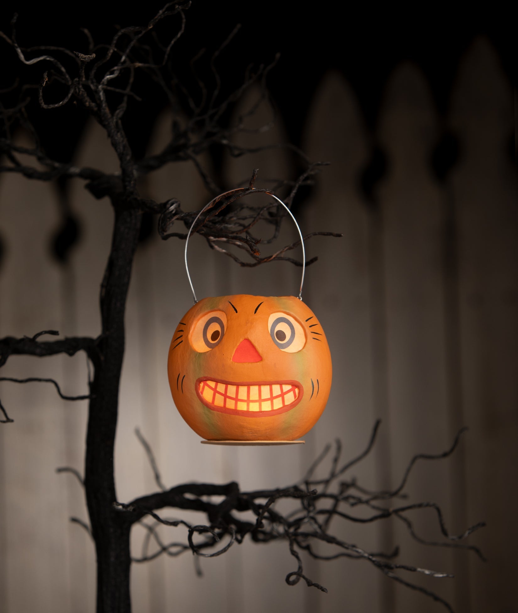 "Vintage Striped Pumpkin Bucket, paper mache"