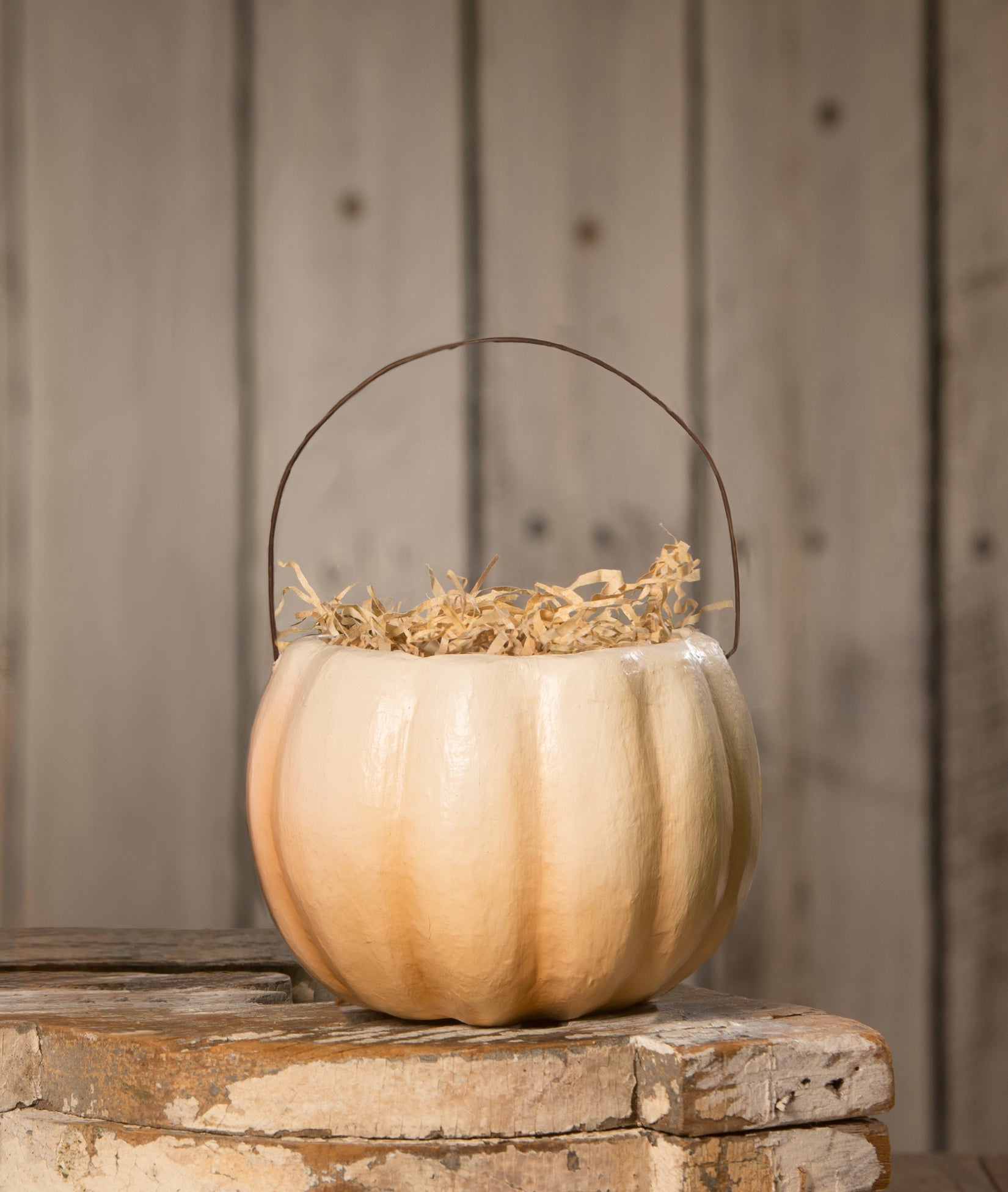 "White Pumpkin Bucket, Paper Mache"